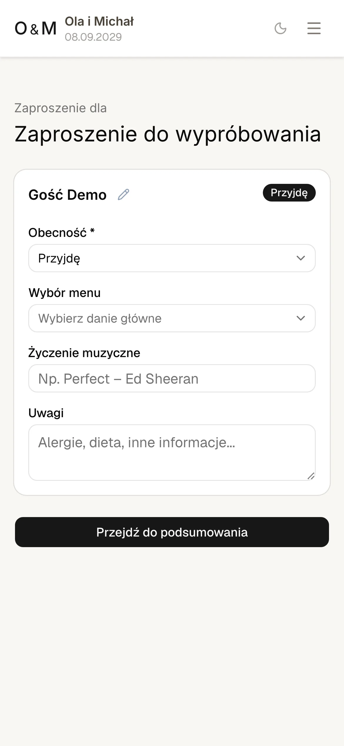 Formularz RSVP na telefonie: wybór obecności, menu, życzenie muzyczne i uwagi
