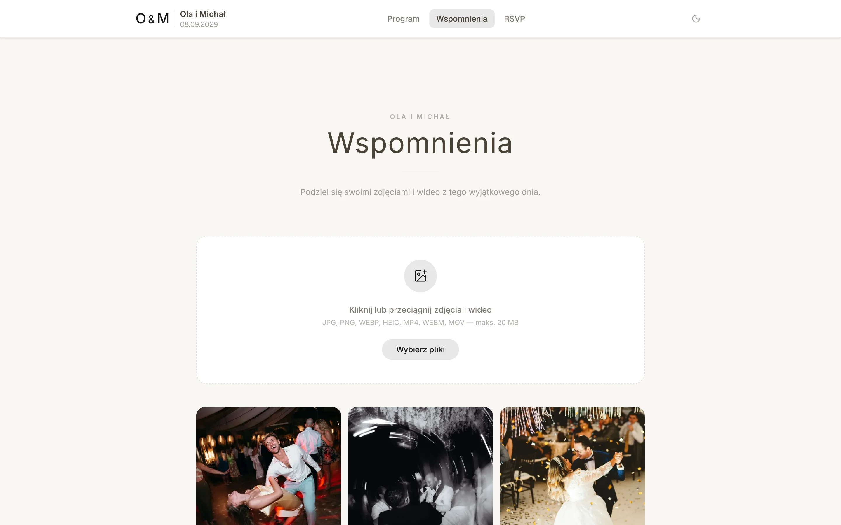 Galeria wspomnień na stronie wesela: pole do dodawania zdjęć i wideo oraz zdjęcia dodane przez gości