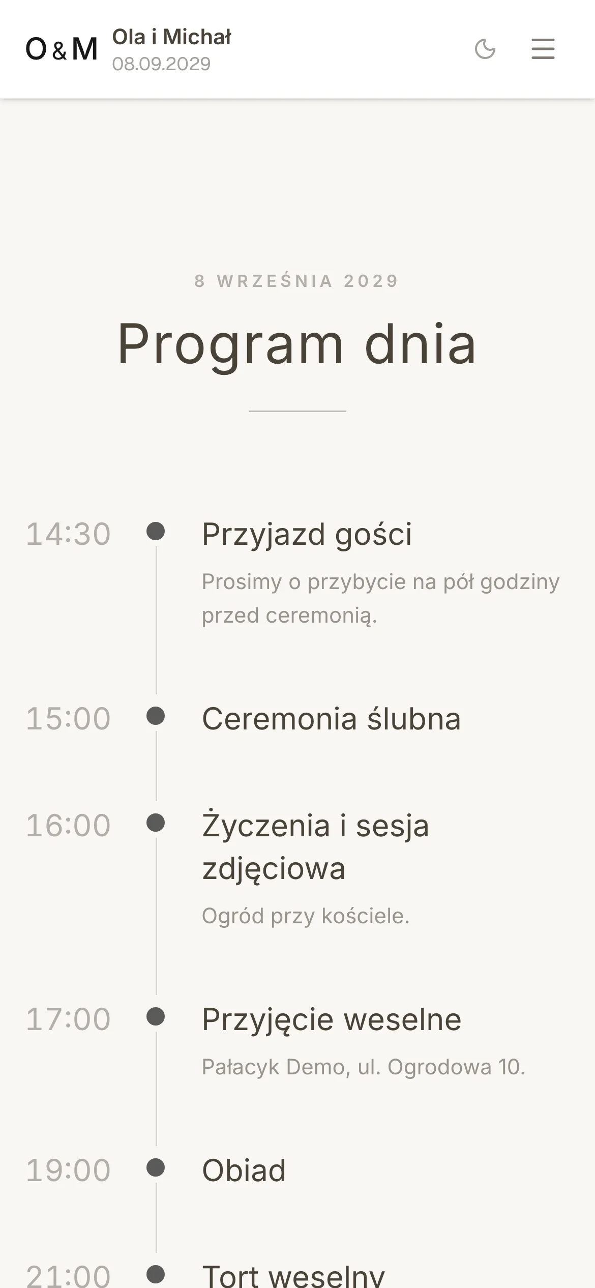 Program dnia ślubu na telefonie z godzinami i opisami wydarzeń